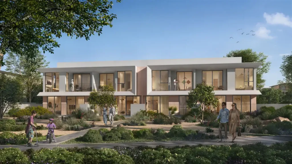 Velora The Valley by Emaar townhouse exterior surrounded by landscaped community gardens and walkways in Dubai - Presented by Tohid Fetrat