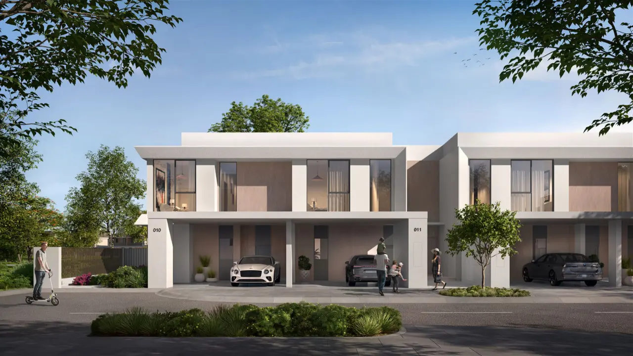 Velora The Valley by Emaar modern townhouse street front with covered parking in Dubai - Presented by Tohid Fetrat