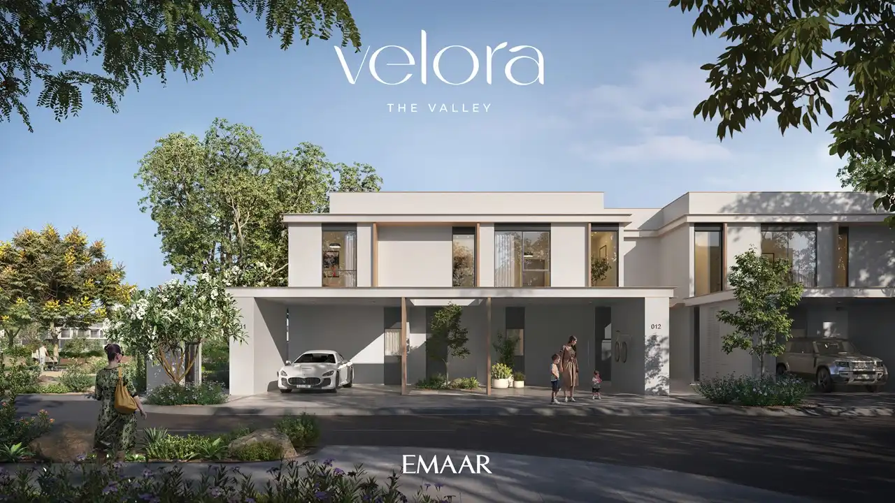 Velora The Valley by Emaar modern villa exterior with covered parking landscaped street view in Dubai - Presented by Tohid Fetrat