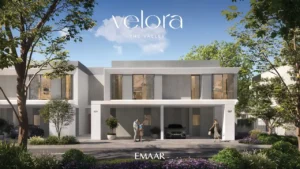 Velora The Valley by Emaar modern villa front exterior with shaded parking and landscaped surroundings in Dubai - Presented by Tohid Fetrat