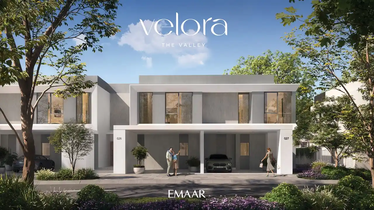 Velora The Valley by Emaar modern villa front exterior with shaded parking and landscaped surroundings in Dubai - Presented by Tohid Fetrat