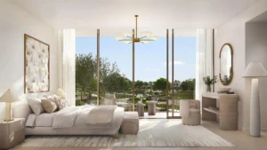 Vindera at The Valley by Emaar bedroom interior with large windows and garden view in Dubai - Presented by Tohid Fetrat