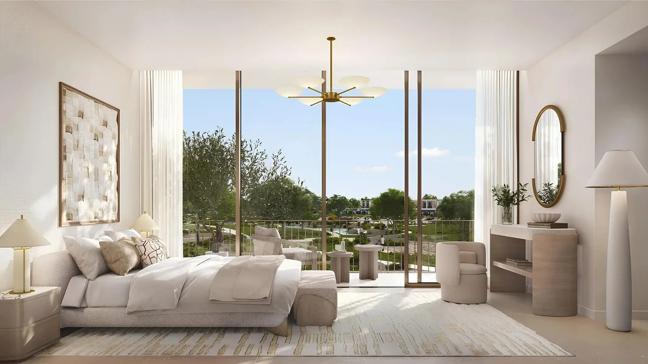 Vindera at The Valley by Emaar bedroom interior with large windows and garden view in Dubai - Presented by Tohid Fetrat