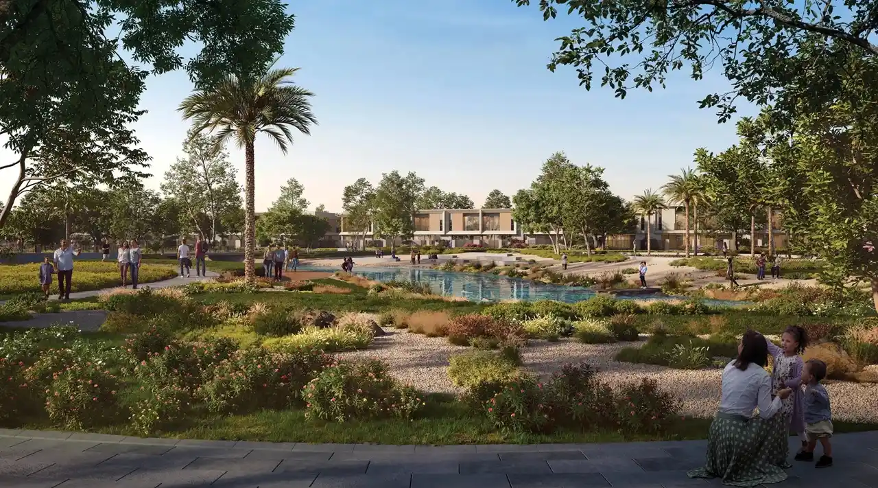 Vindera at The Valley by Emaar landscaped community garden with lagoon and walking paths in Dubai - Presented by Tohid Fetrat