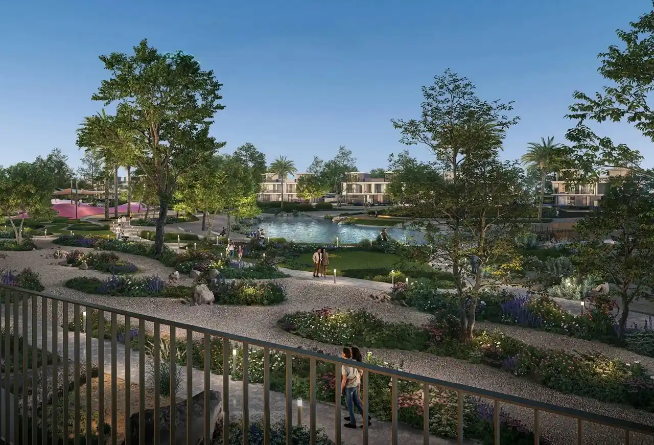 Vindera at The Valley by Emaar landscaped community park with lagoon water feature and walking paths in Dubai - Presented by Tohid Fetrat