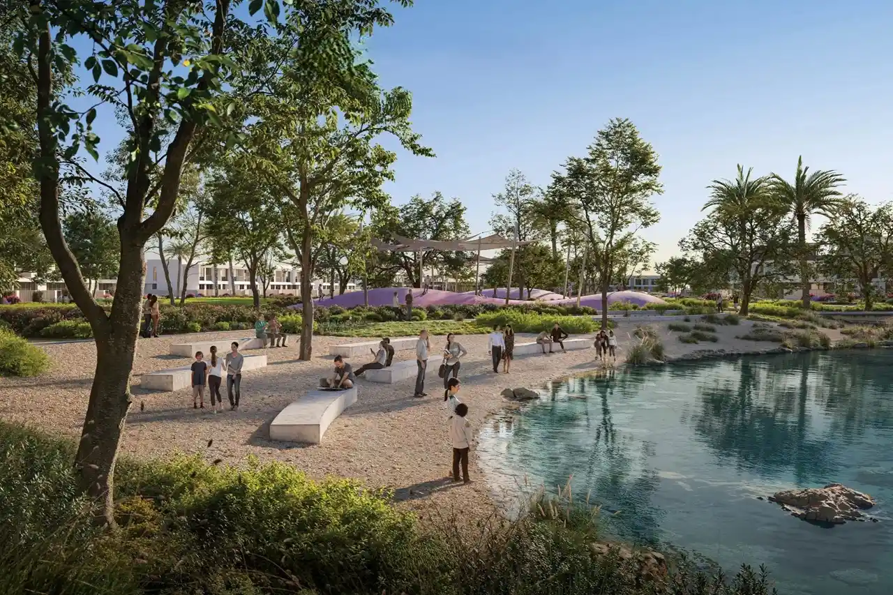 Vindera at The Valley by Emaar lagoon park with walking paths seating areas and greenery in Dubai - Presented by Tohid Fetrat