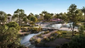 Vindera at The Valley by Emaar landscaped park with water stream lagoon and walking paths in Dubai - Presented by Tohid Fetrat