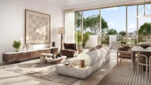 Vindera at The Valley by Emaar living room interior with modern furniture and garden view in Dubai - Presented by Tohid Fetrat