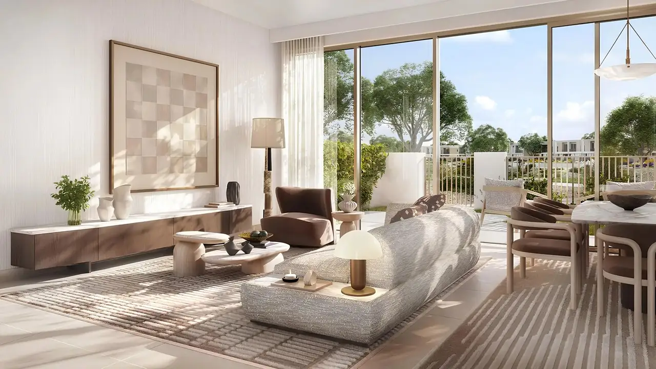 Vindera at The Valley by Emaar living room interior with modern furniture and garden view in Dubai - Presented by Tohid Fetrat
