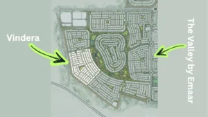 Vindera at The Valley by Emaar location within masterplan highlighting residential clusters and central green spaces in Dubai - Presented by Tohid Fetrat