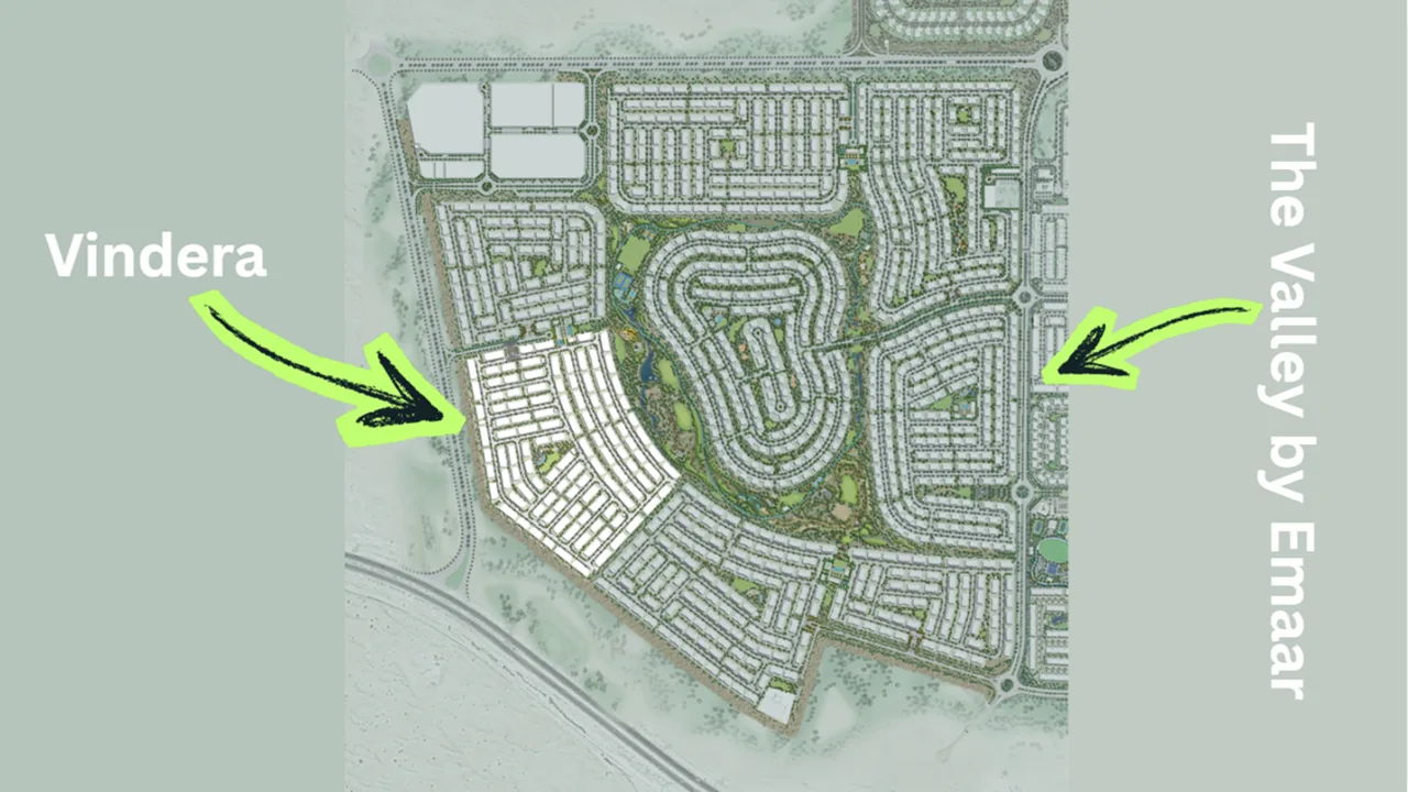 Vindera at The Valley by Emaar location within masterplan highlighting residential clusters and central green spaces in Dubai - Presented by Tohid Fetrat