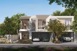 Vindera at The Valley by Emaar modern villa exterior with balcony garden landscaping and covered parking in Dubai - Presented by Tohid Fetrat