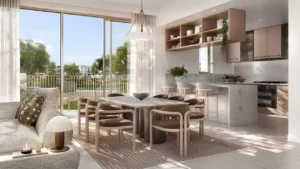 Vindera at The Valley by Emaar open plan living and dining area with modern kitchen and balcony view in Dubai - Presented by Tohid Fetrat