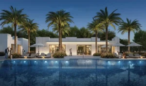 Vindera at The Valley by Emaar community pool area with palm trees and modern villas in Dubai - Presented by Tohid Fetrat