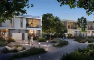 Vindera at The Valley by Emaar villa community walkway with landscaped gardens and evening lighting in Dubai - Presented by Tohid Fetrat