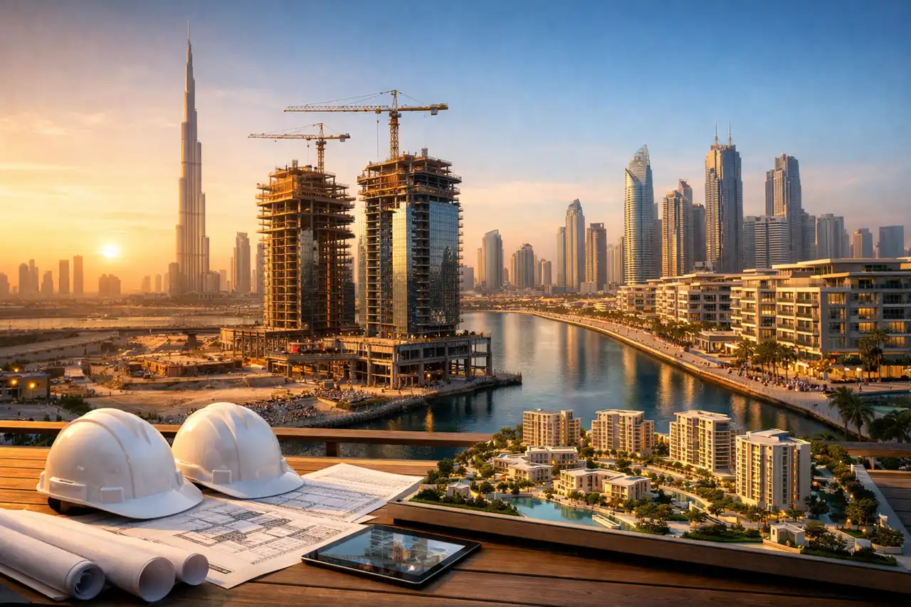 What is Off Plan Property in Dubai visual showing under construction residential towers, development plans, architectural model and Dubai skyline. Presented by Tohid Fetrat