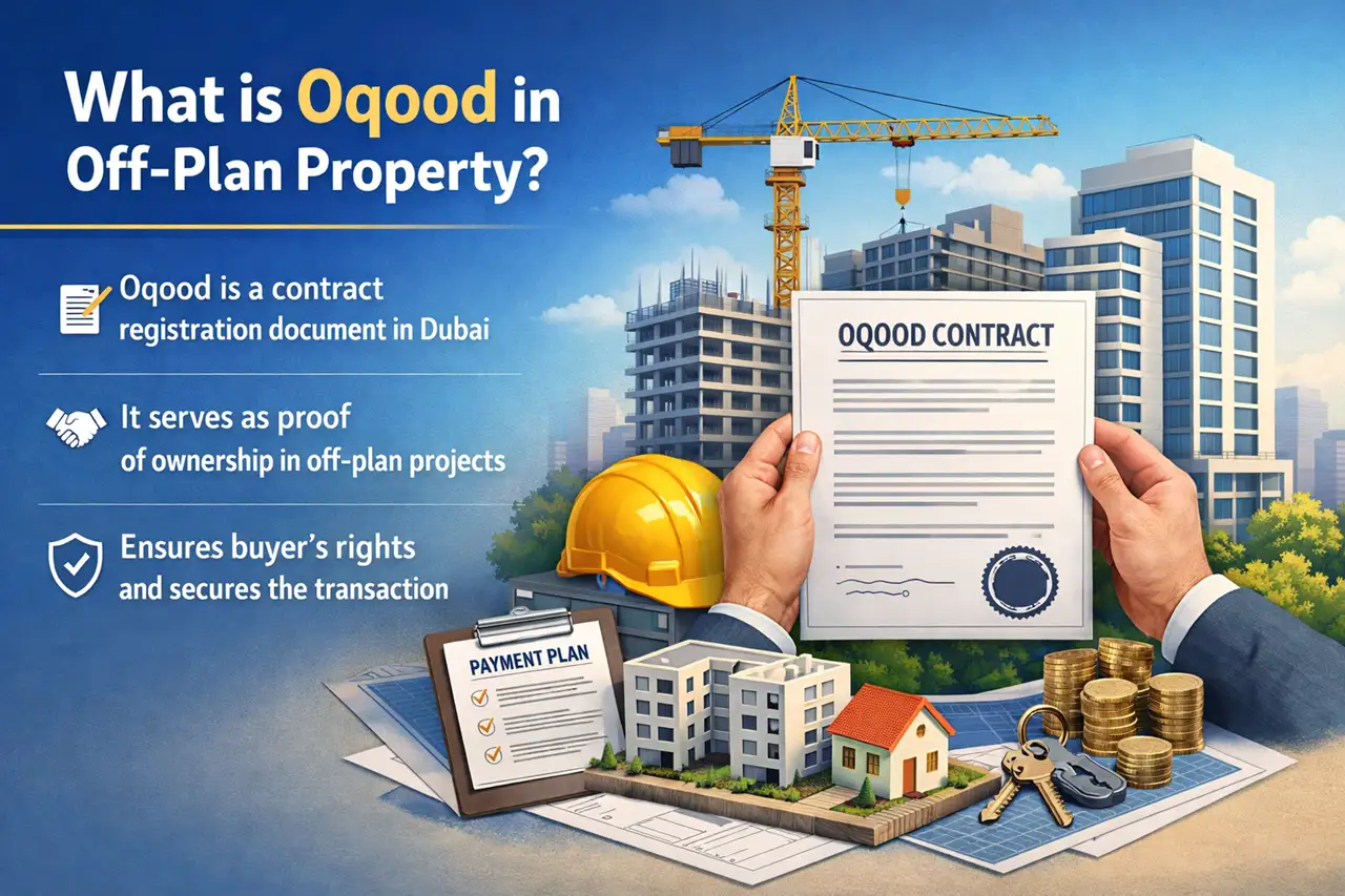 What is Oqood in Off Plan Property visual showing Oqood contract, contract registration document, construction project, payment plan and ownership proof in Dubai. Presented by Tohid Fetrat
