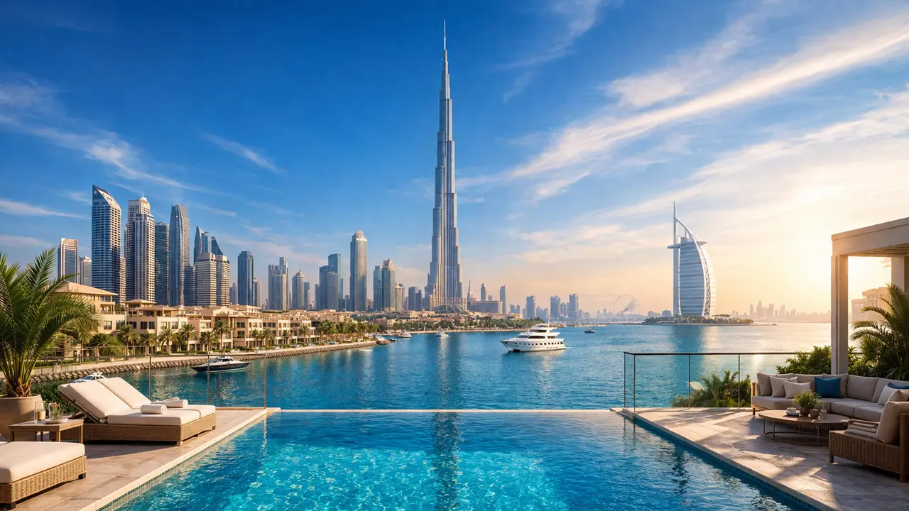 What is Ready Property in Dubai visual showing a completed luxury waterfront residence, private pool, Dubai skyline, Burj Khalifa and Burj Al Arab. Presented by Tohid Fetrat