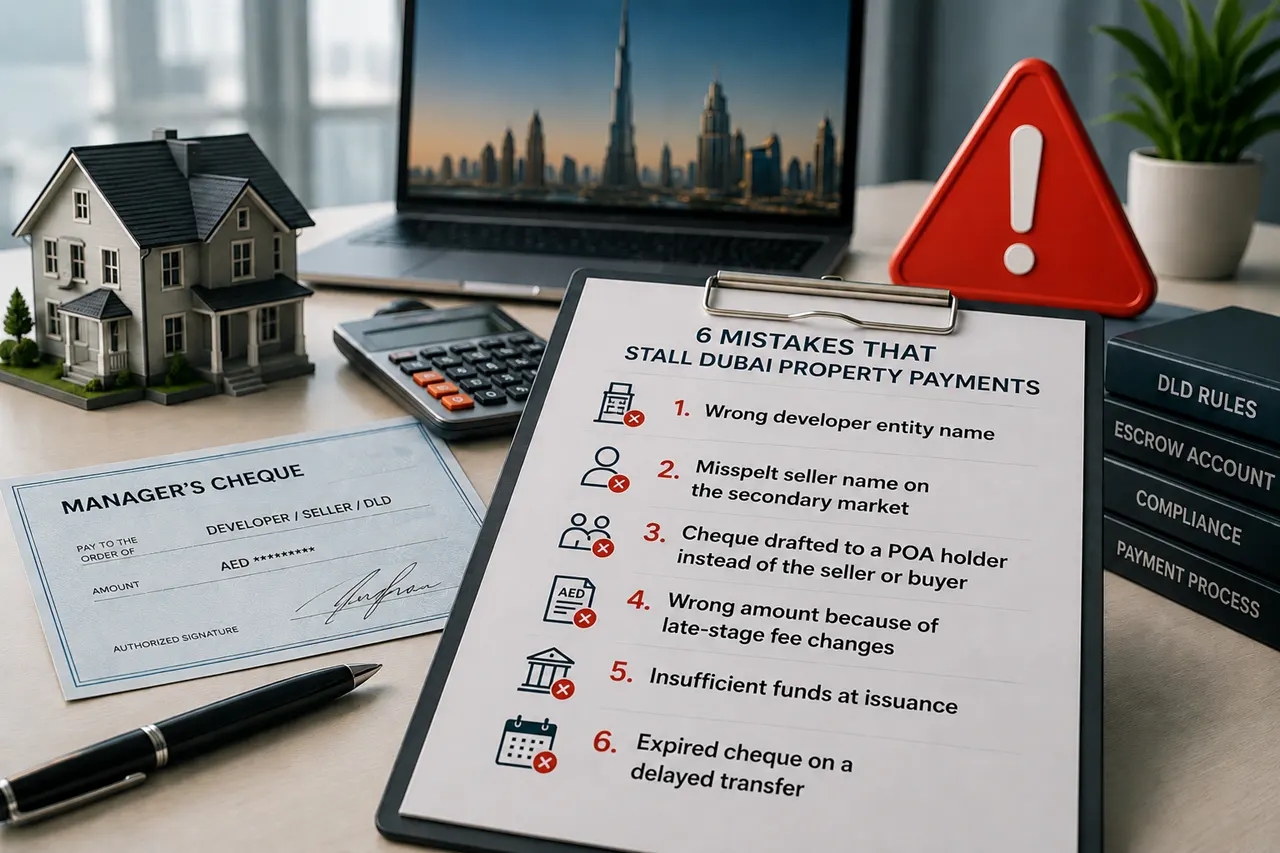 Checklist showing six common mistakes that delay Dubai property payments and manager’s cheque processing Presented by Tohid Fetrat