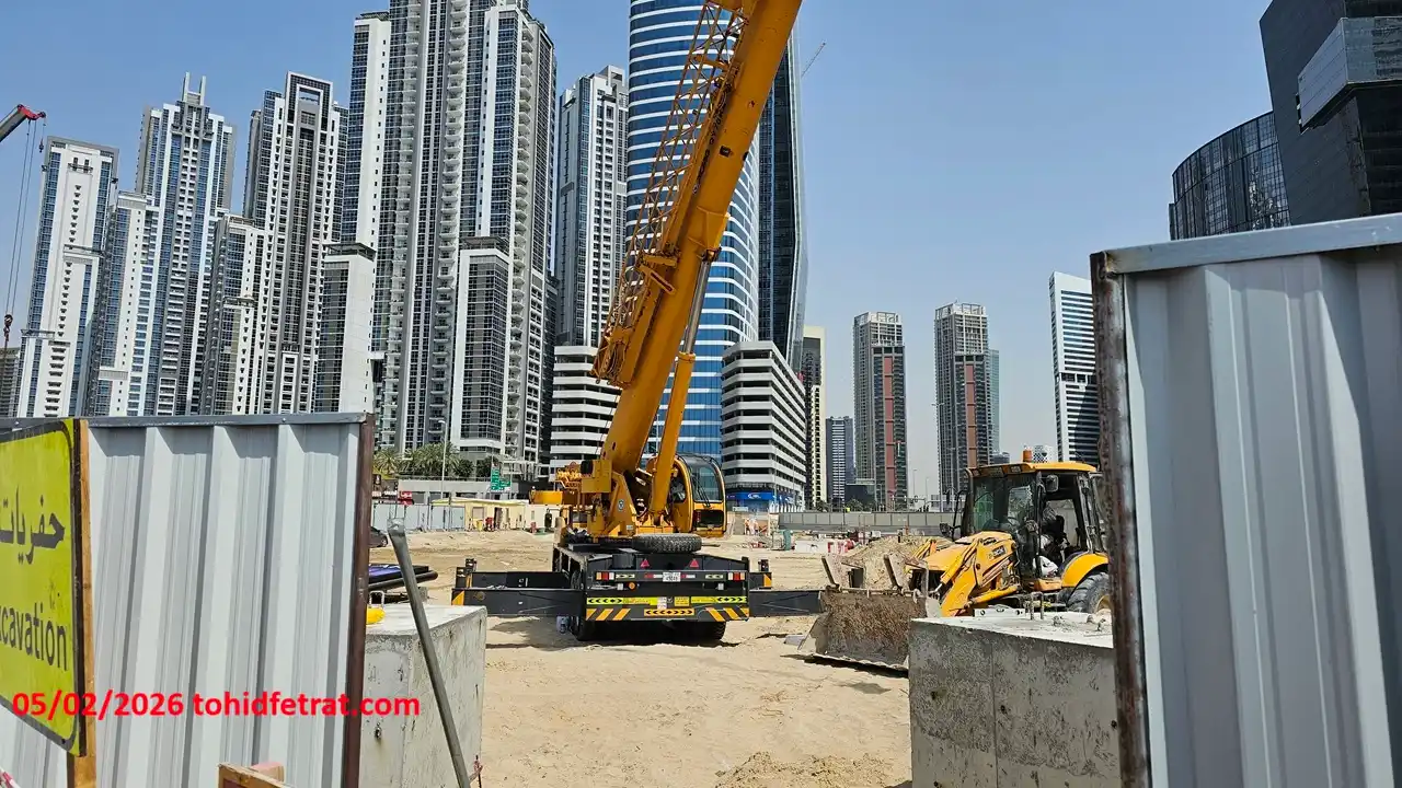 Avarra by Palace construction site with tower skyline and heavy machinery in Dubai during May 2026 captured by Tohid Fetrat