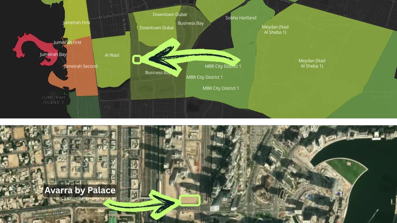 Location map showing Avarra by Palace within Business Bay near Downtown Dubai and Dubai Canal Presented by Tohid Fetrat