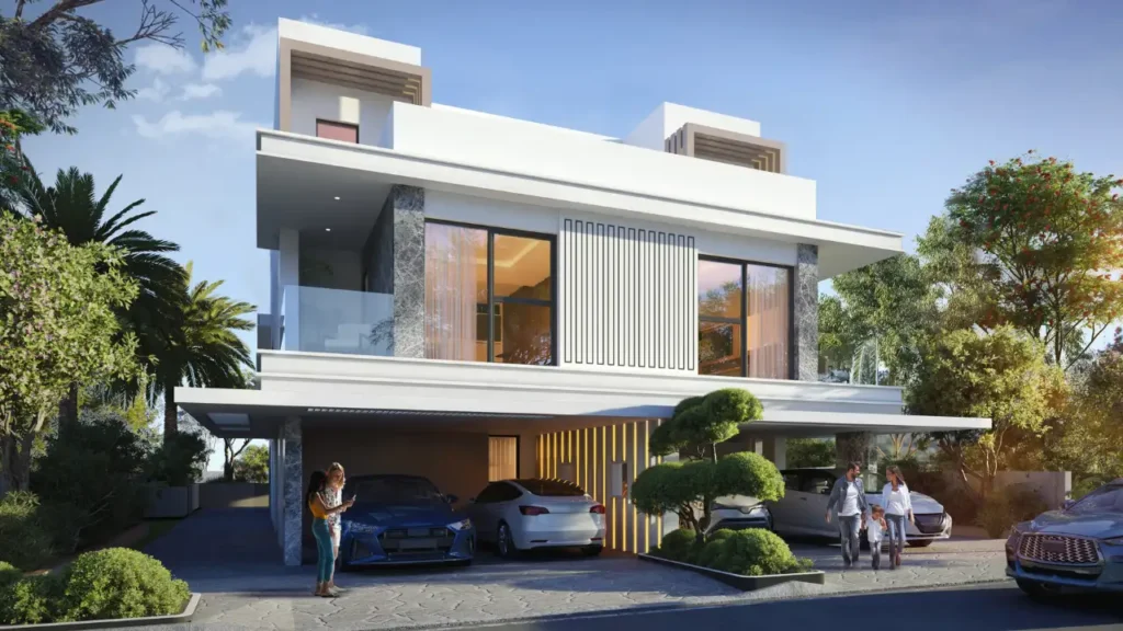 Bahamas at DAMAC Islands 2 construction update featuring modern luxury villa architecture and landscaped surroundings in Dubai Presented by Tohid Fetrat