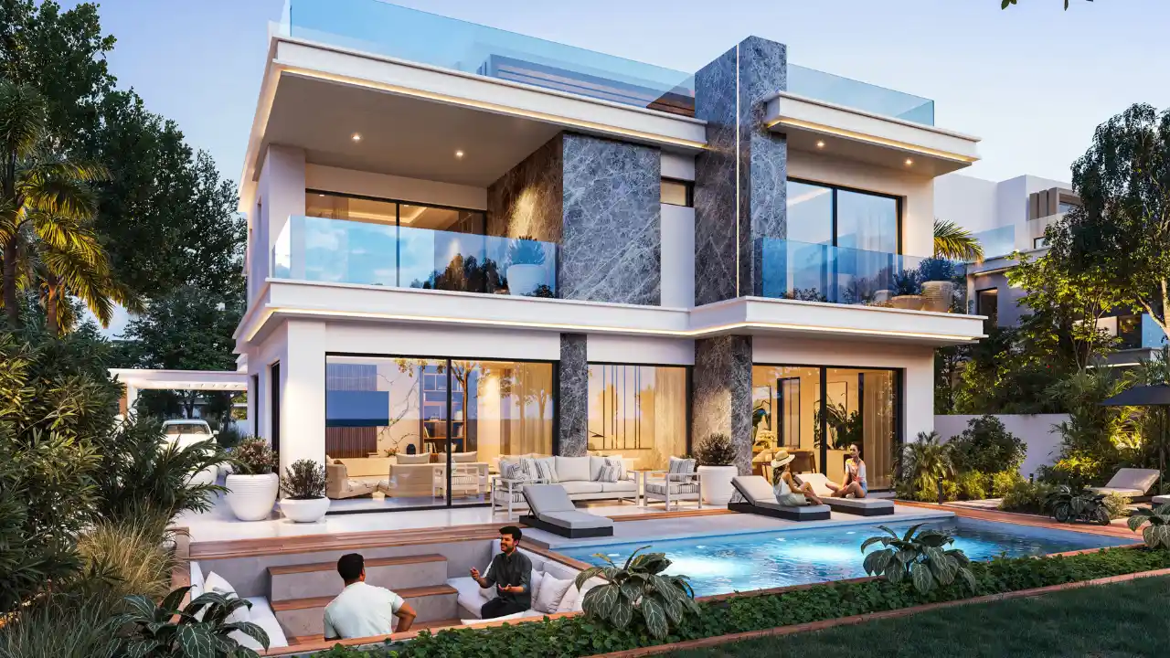 Bahamas at DAMAC Islands 2 luxury villa with private pool and modern outdoor living spaces during construction update November 2025 in Dubai Presented by Tohid Fetrat