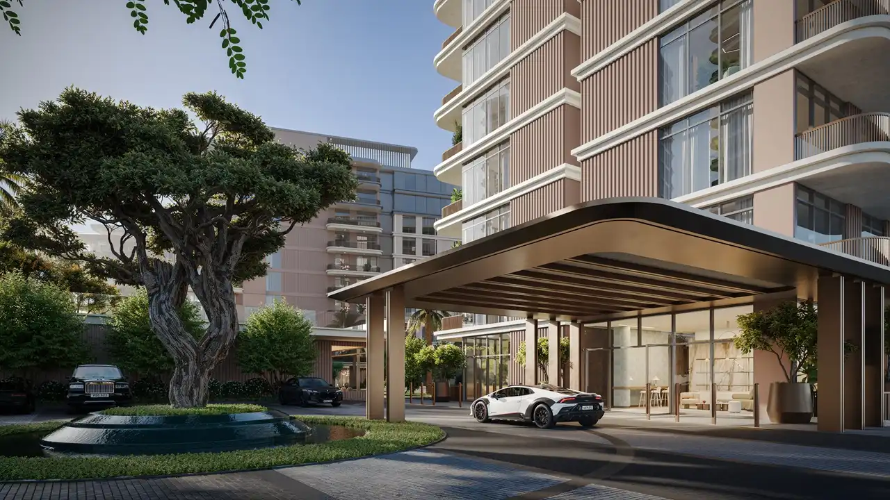 Luxury residential entrance and landscaped drop-off area at Bay Grove Residences Phase 1 featured on the April 2026 construction update page in Dubai Presented by Tohid Fetrat