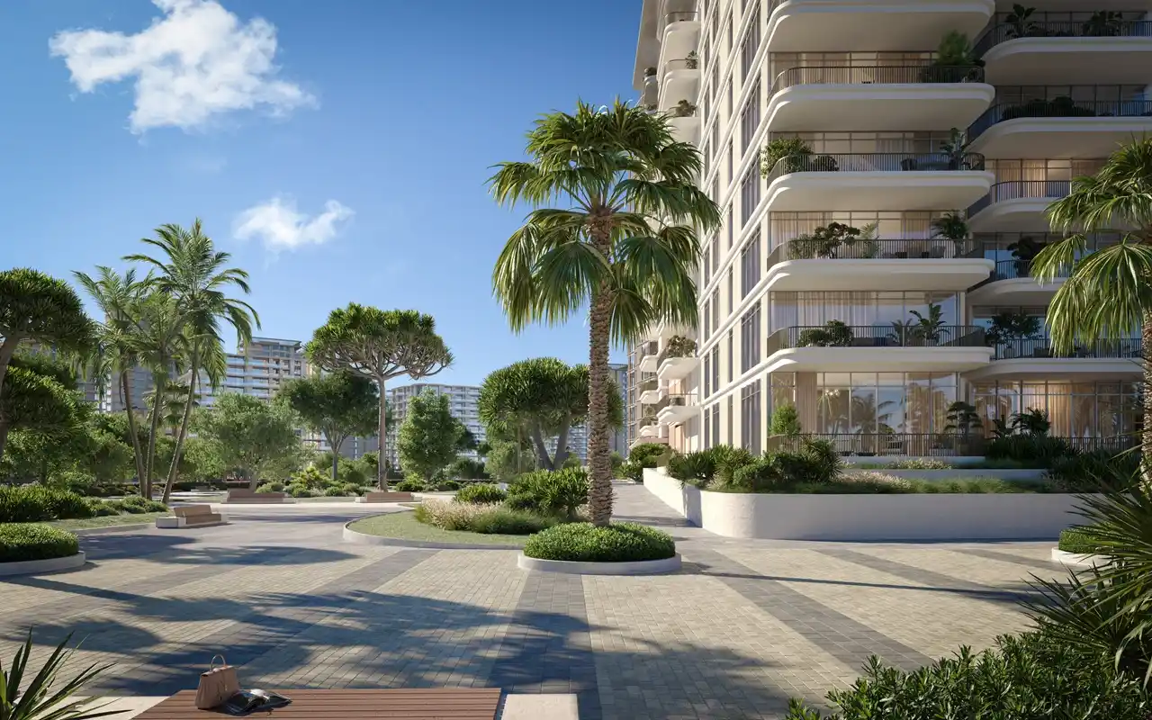 Landscaped pedestrian promenade and luxury residential facade at Bay Grove Residences Phase 1 featured on the January 2026 construction update page in Dubai Presented by Tohid Fetrat