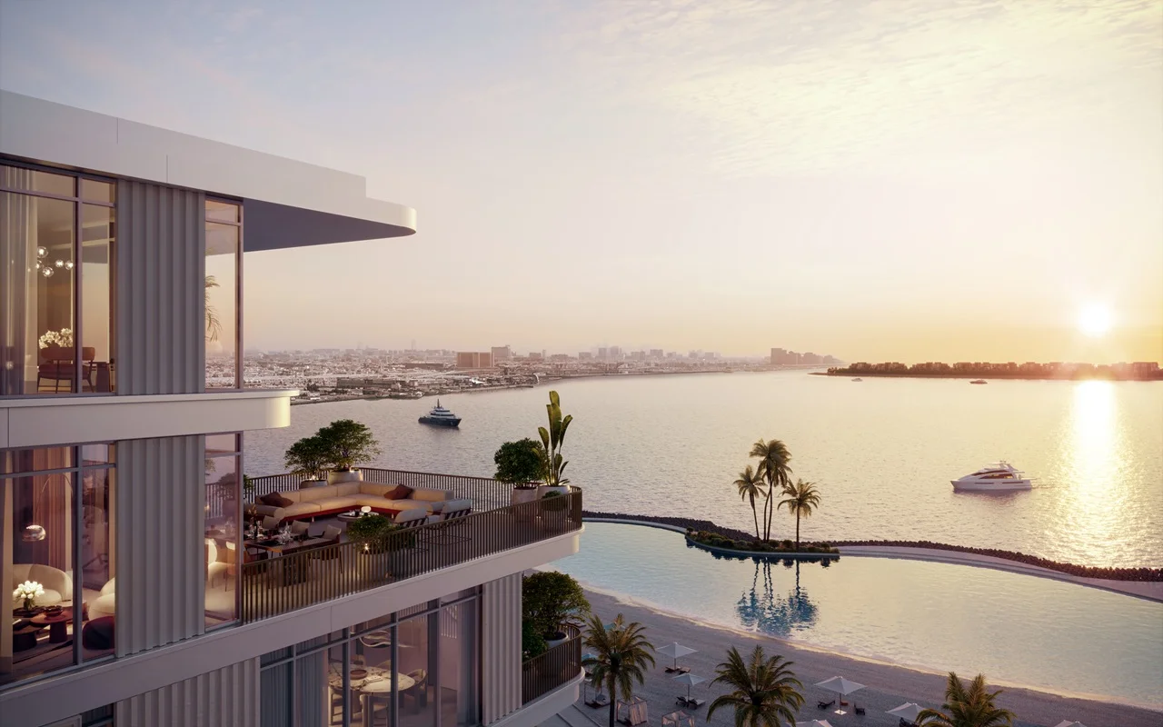 Luxury waterfront terrace view at Bay Grove Residences Phase 1 featured on the June 2025 construction update page in Dubai Presented by Tohid Fetrat