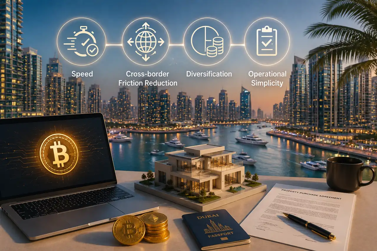 Benefits of buying Dubai property with cryptocurrency including Bitcoin and Ethereum featuring waterfront real estate and digital asset investment Presented by Tohid Fetrat