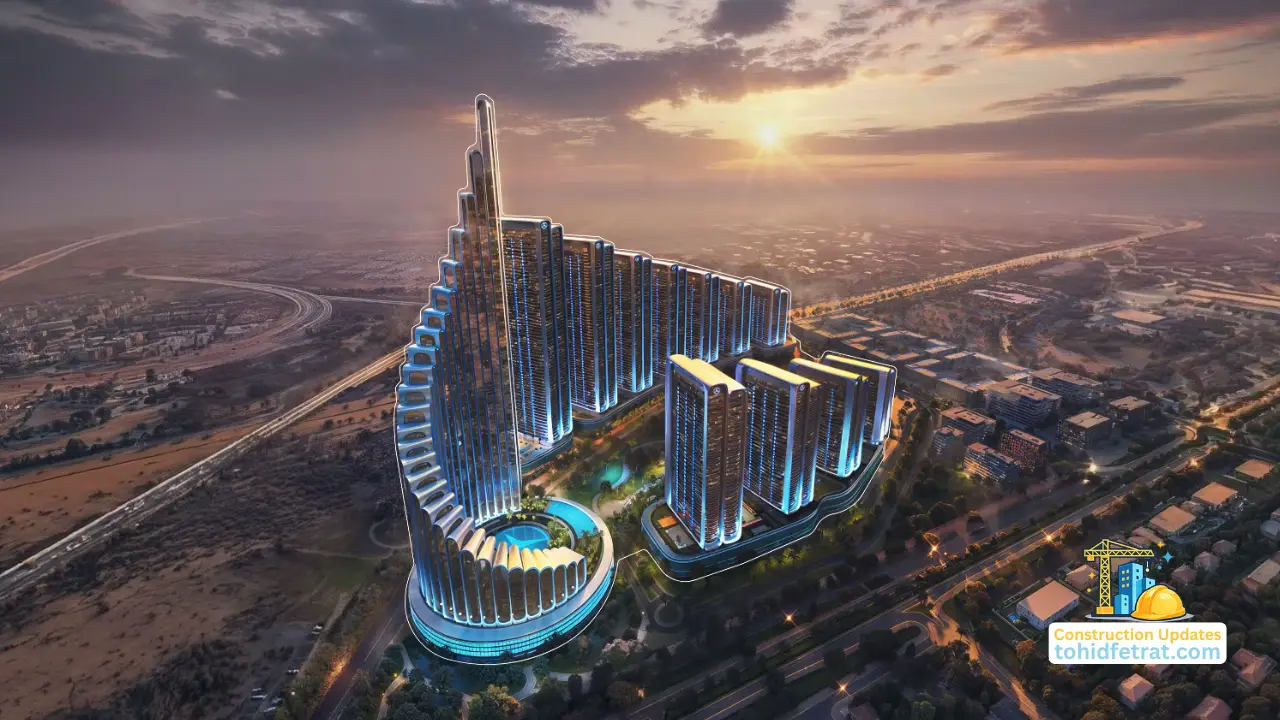 Aerial view of Binghatti City illuminated towers and large scale mixed use development during Binghatti City Construction Updates in Dubai Presented by Tohid Fetrat