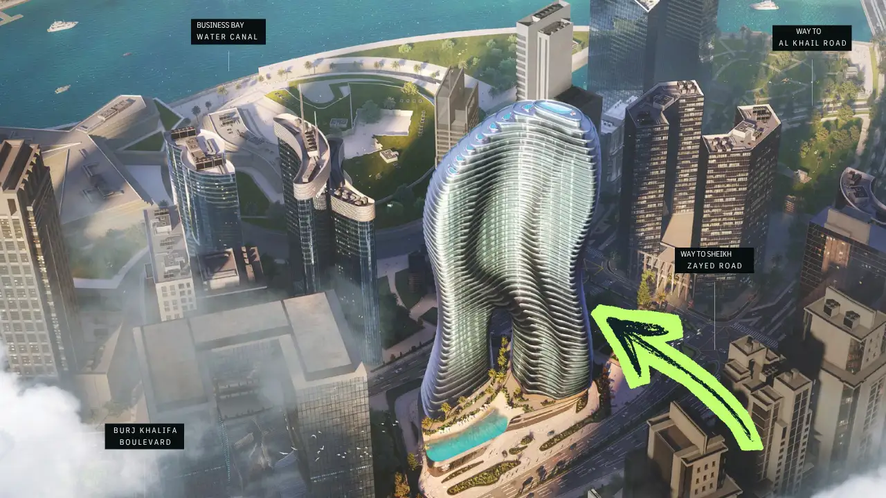Location map showing Bugatti Residences within Business Bay near Dubai Canal and Sheikh Zayed Road Presented by Tohid Fetrat