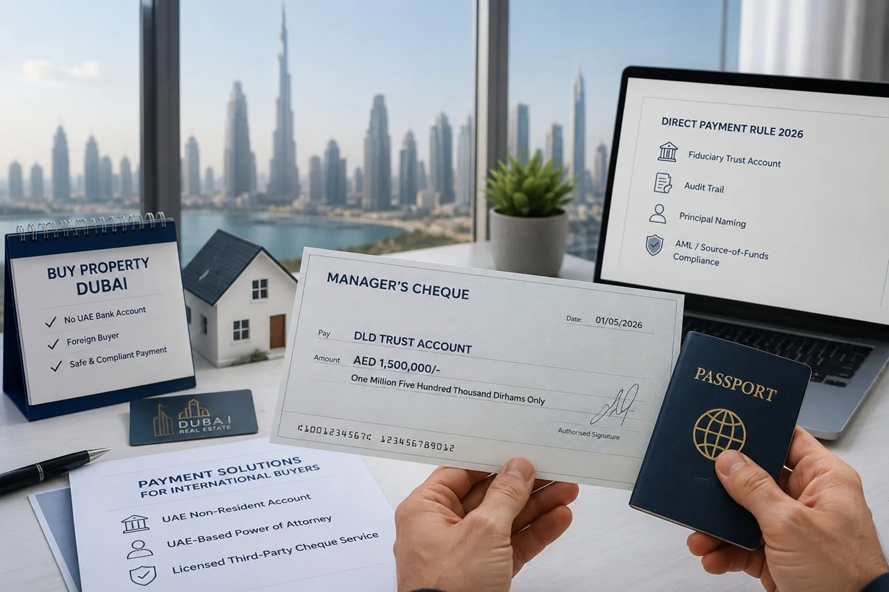 International buyer using a manager’s cheque to buy Dubai property without a UAE bank account with Downtown Dubai skyline view Presented by Tohid Fetrat