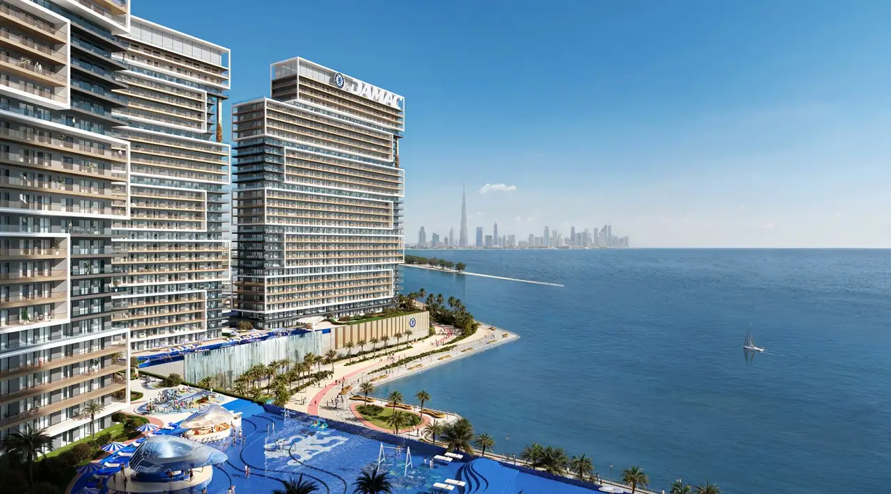 Chelsea Residences by DAMAC construction update April 2026 featuring waterfront residential towers infinity pool and Dubai skyline view Presented by Tohid Fetrat