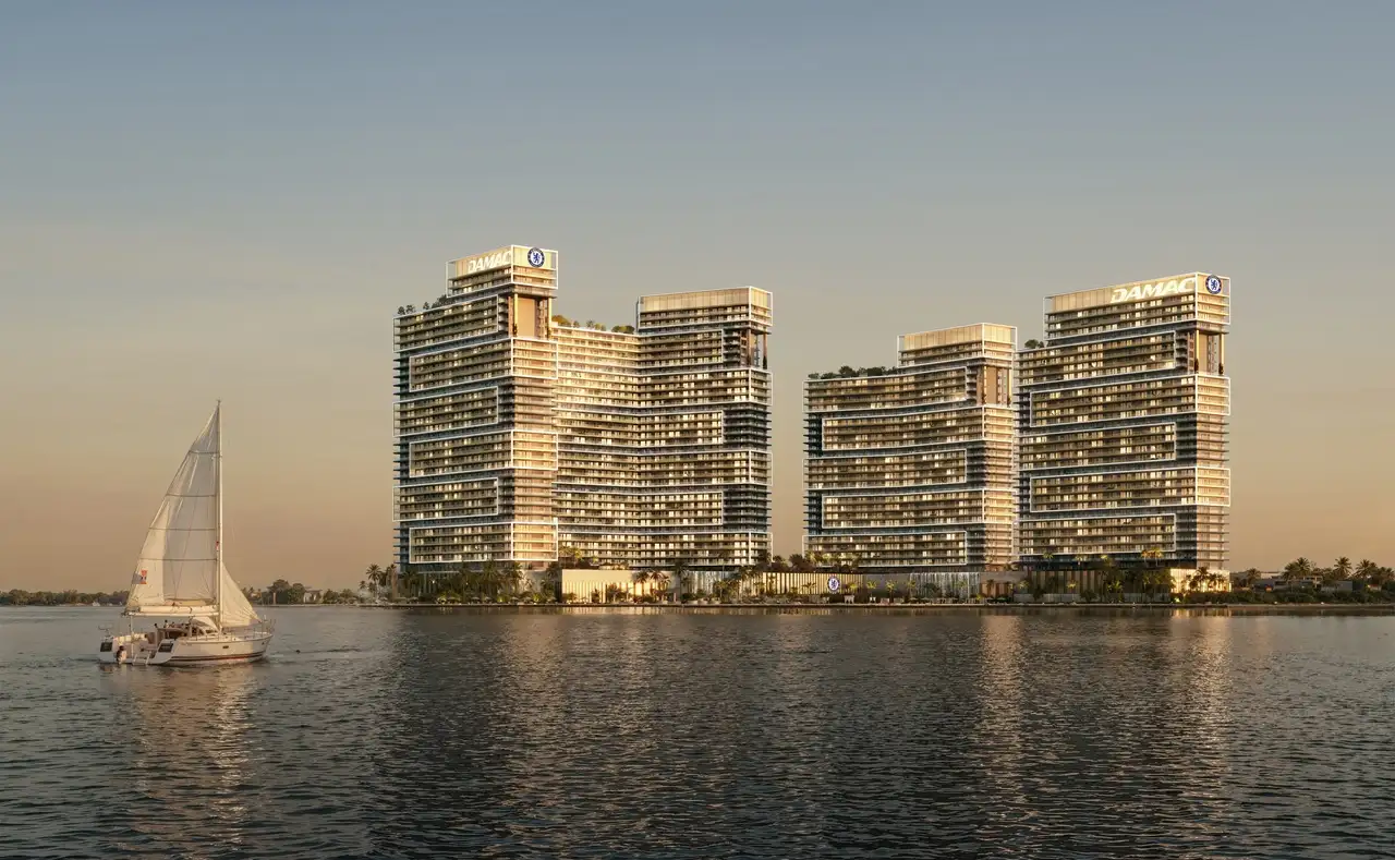 Chelsea Residences by DAMAC construction update October 2025 showcasing waterfront residential towers and marina view in Dubai Presented by Tohid Fetrat
