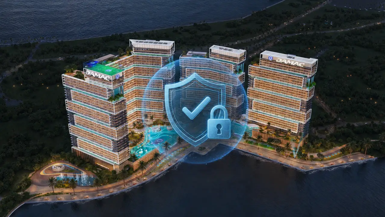 Chelsea Residences by DAMAC escrow account showcasing secure waterfront development with shield and lock icon over modern buildings in Dubai Presented by Tohid Fetrat
