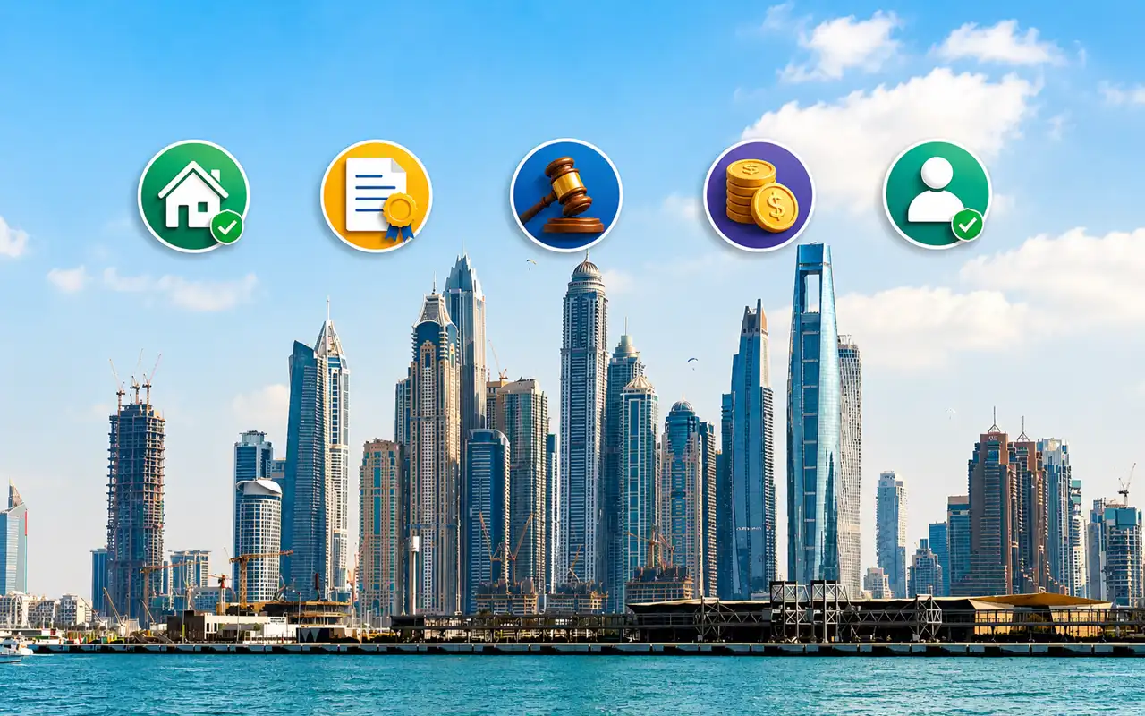 Dubai skyline with legal and property transaction icons representing conveyancing and legal fees for Dubai real estate buyers Presented by Tohid Fetrat