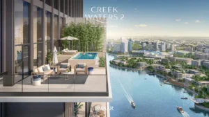 Creek Waters 2 at Dubai Creek Harbour by Emaar apartment balcony with private pool overlooking waterfront skyline in Dubai - Presented by Tohid Fetrat