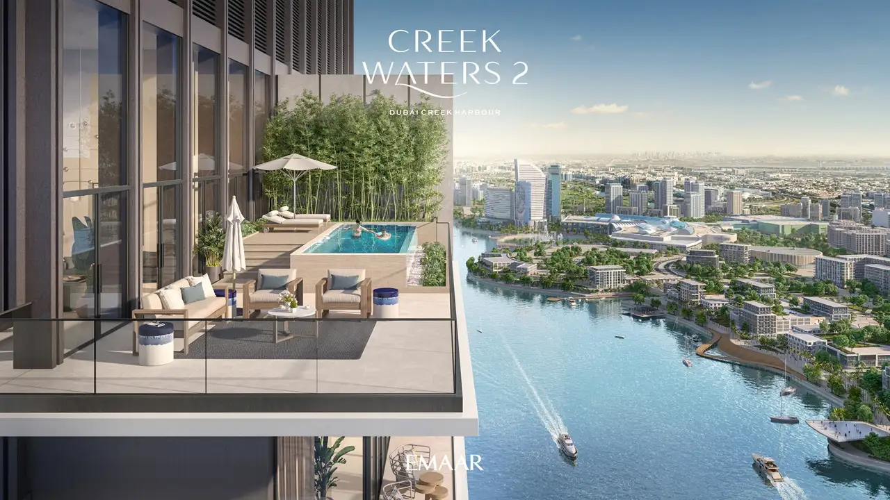 Creek Waters 2 at Dubai Creek Harbour by Emaar apartment balcony with private pool overlooking waterfront skyline in Dubai - Presented by Tohid Fetrat