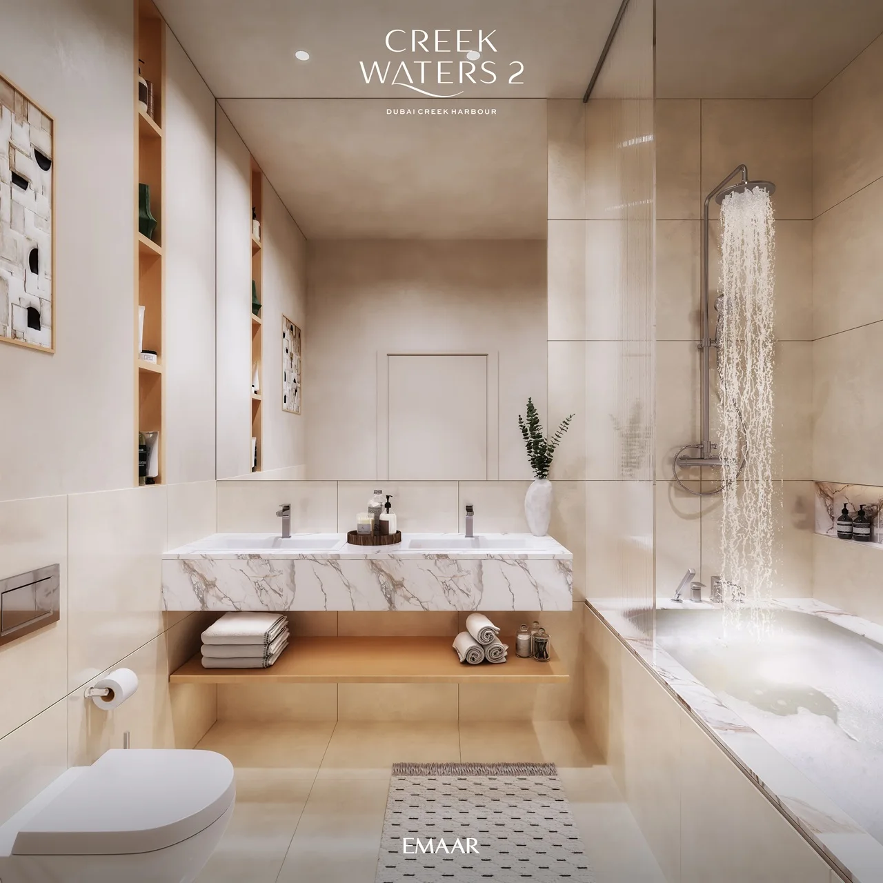 Creek Waters 2 at Dubai Creek Harbour by Emaar bathroom interior with marble vanity double sinks and walk in shower in Dubai - Presented by Tohid Fetrat
