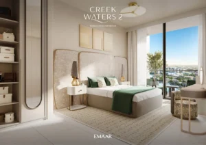 Creek Waters 2 at Dubai Creek Harbour by Emaar bedroom interior with modern design and balcony skyline view in Dubai - Presented by Tohid Fetrat