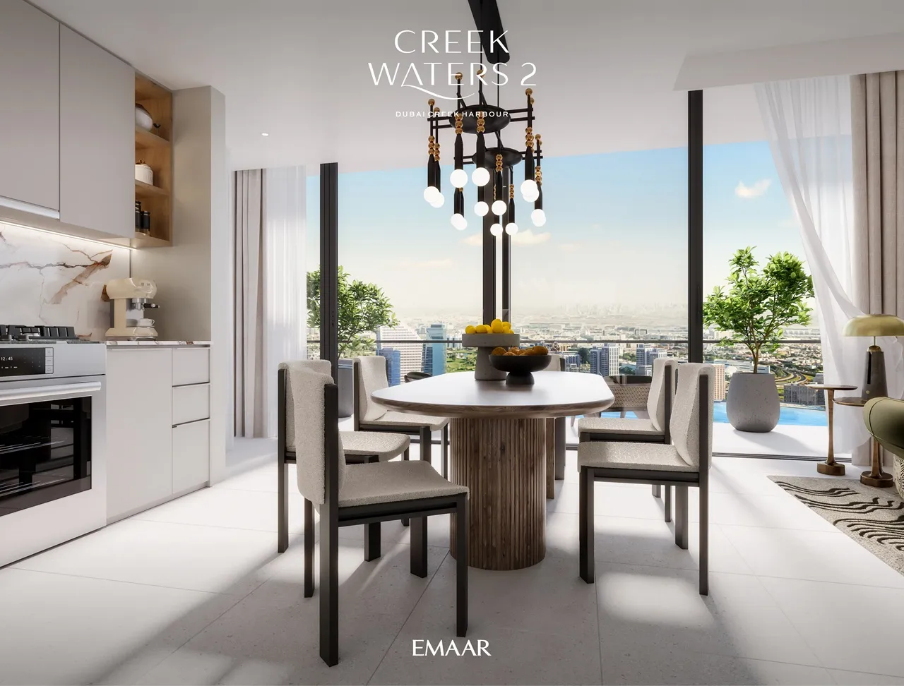 Creek Waters 2 at Dubai Creek Harbour by Emaar apartment dining area with modern kitchen and skyline view in Dubai - Presented by Tohid Fetrat