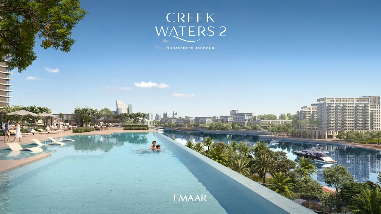 Creek Waters 2 at Dubai Creek Harbour by Emaar infinity pool overlooking waterfront skyline and marina in Dubai - Presented by Tohid Fetrat
