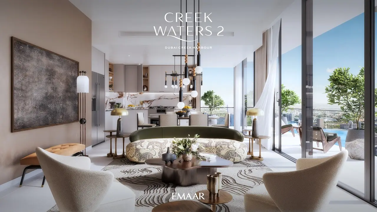 Creek Waters 2 at Dubai Creek Harbour by Emaar apartment living room interior with modern kitchen and balcony skyline view in Dubai - Presented by Tohid Fetrat