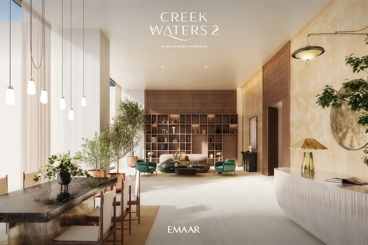 Creek Waters 2 at Dubai Creek Harbour by Emaar lobby interior with modern seating and elegant design details in Dubai - Presented by Tohid Fetrat