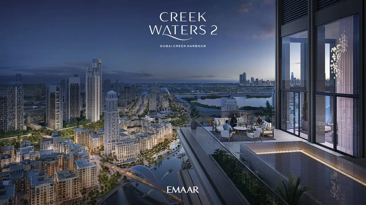 Creek Waters 2 at Dubai Creek Harbour by Emaar penthouse terrace with private pool and panoramic night city skyline view in Dubai - Presented by Tohid Fetrat