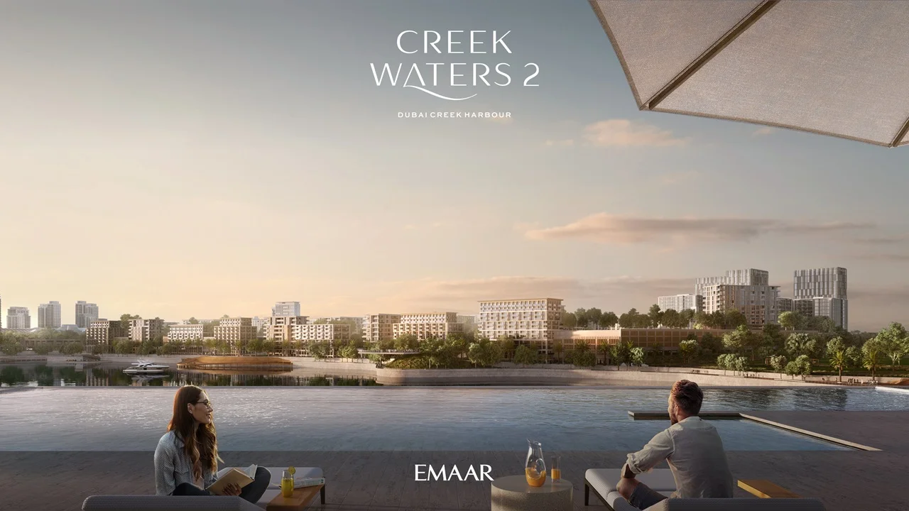 Creek Waters 2 at Dubai Creek Harbour by Emaar terrace seating with sunset waterfront skyline view in Dubai - Presented by Tohid Fetrat