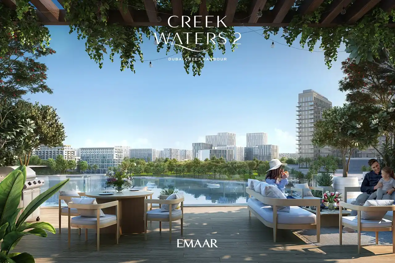 Creek Waters 2 at Dubai Creek Harbour by Emaar waterfront terrace seating with skyline and lagoon view in Dubai - Presented by Tohid Fetrat