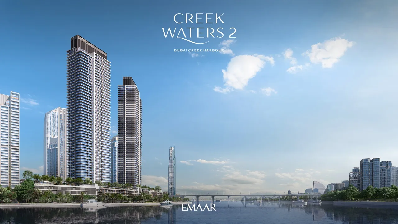 Creek Waters 2 at Dubai Creek Harbour by Emaar residential towers exterior with waterfront skyline view in Dubai - Presented by Tohid Fetrat